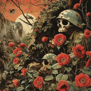 painting  men  helmets  flowers  red  chromolithography  artwork  colorful  graphic  illustration 1051234