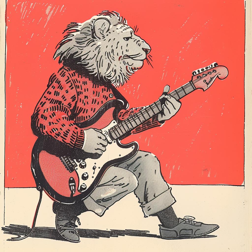 lion  guitar  cartoon  fender  anthropomorphic  music  vibrant  character  playful  illustration 922668