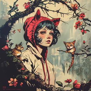 girl  redhair  cat  tree  nature  whimsical  colorful  playful  illustration  chromolithography 1051519