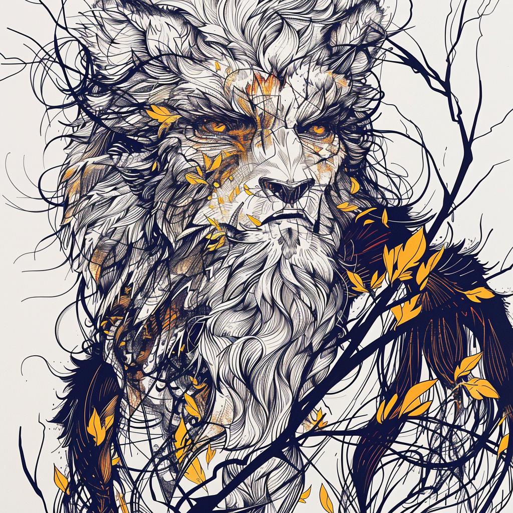 drawing  lion  leaves  nature  fantasy  whimsical  hybrid  creature  colorful  imaginative 952311