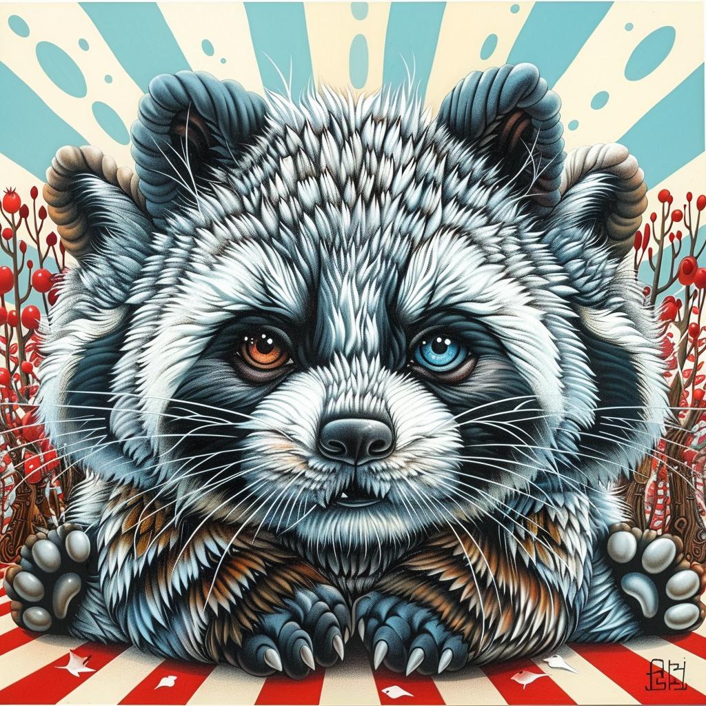hybrid  creature  panda  tiger  raccoon  painting  blue  eyes  white  background 1033492