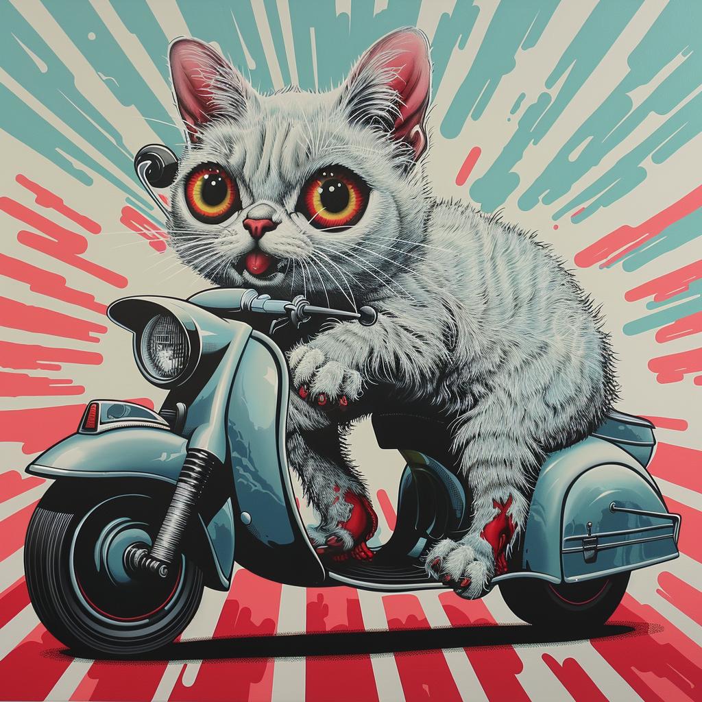 cat  moped  scooter  whimsical  funny  illustration  colorful  cartoon  playful  graphic 1028540