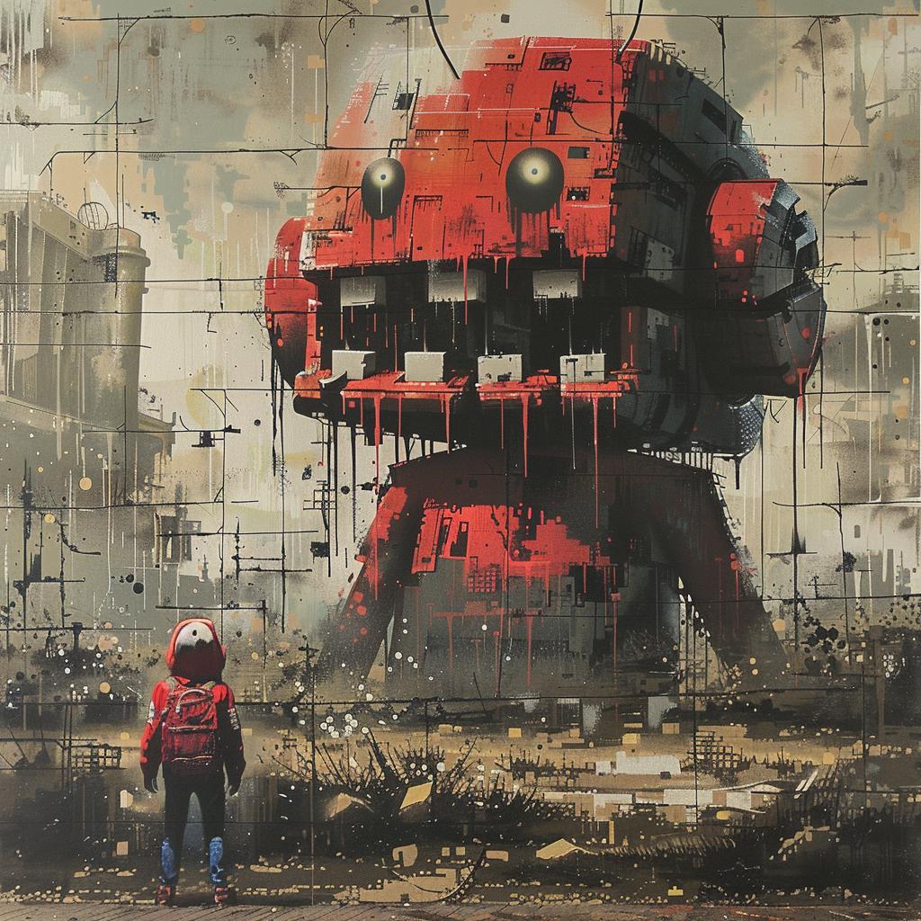 surreal  album  cover  hyper-realistic  screenprinting  robot  person  street  Invader  art 960326