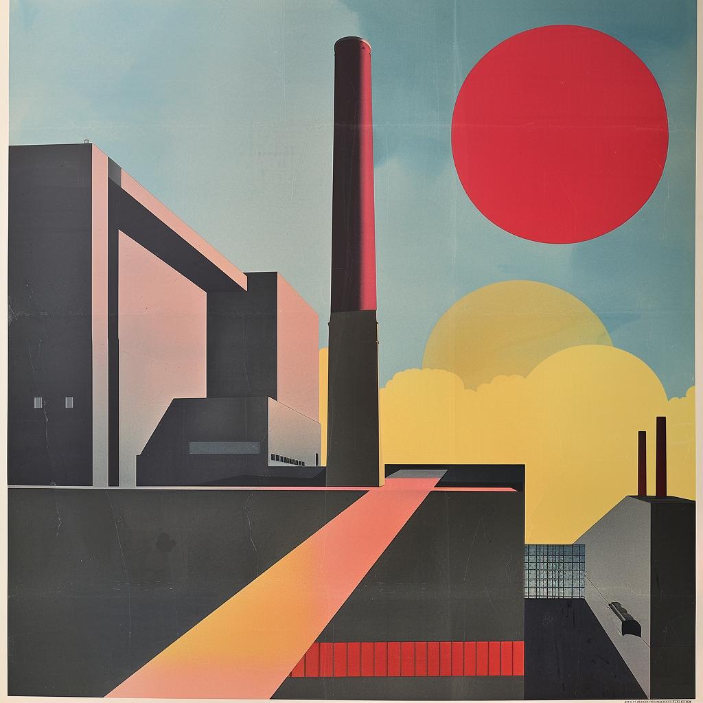 industrial  poster  red  sun  factory  flat  graphics  brutalist  style  1970s 922513