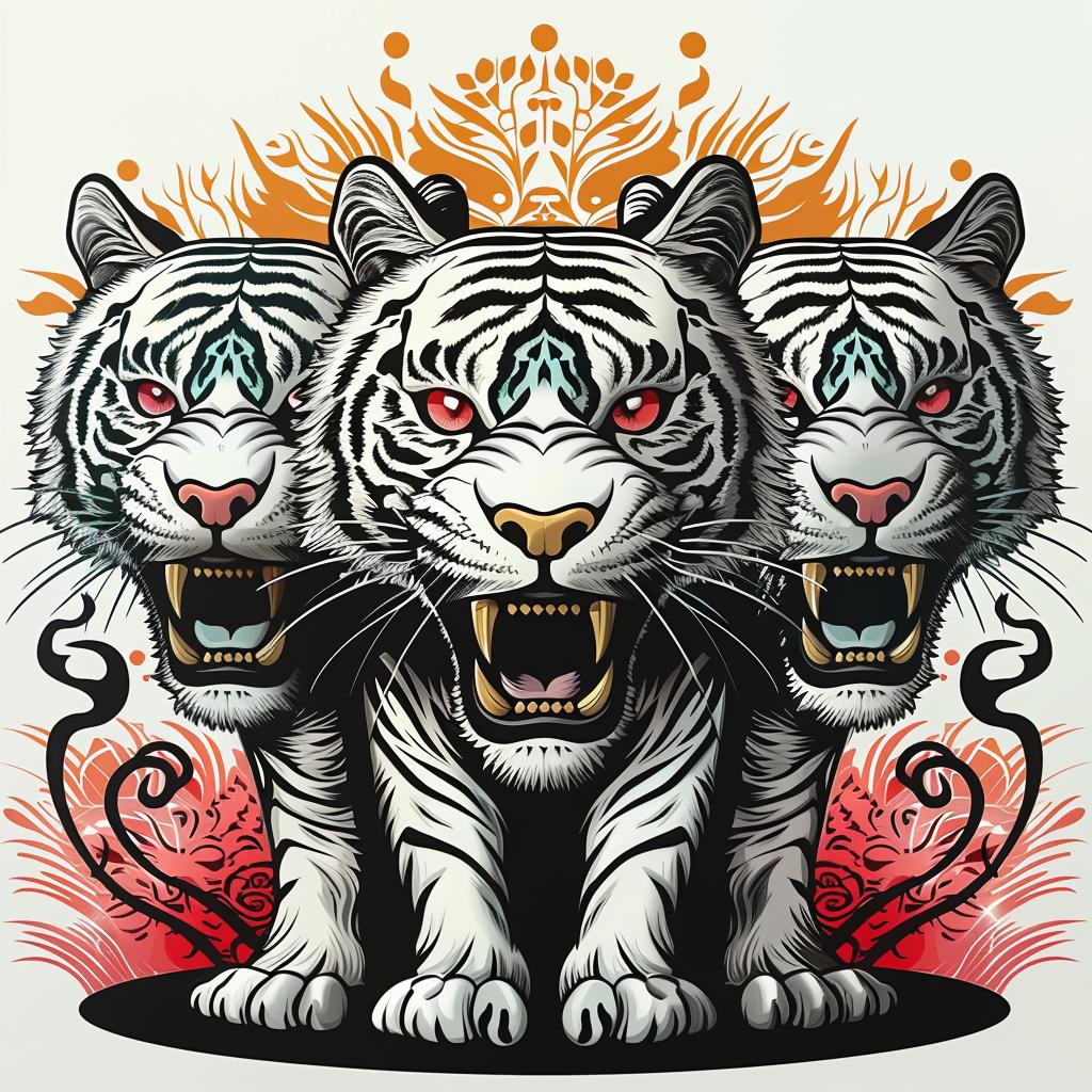 tiger  three-headed  red  eyes  white  background  stylized  graphic  animal  ferocious 1033104