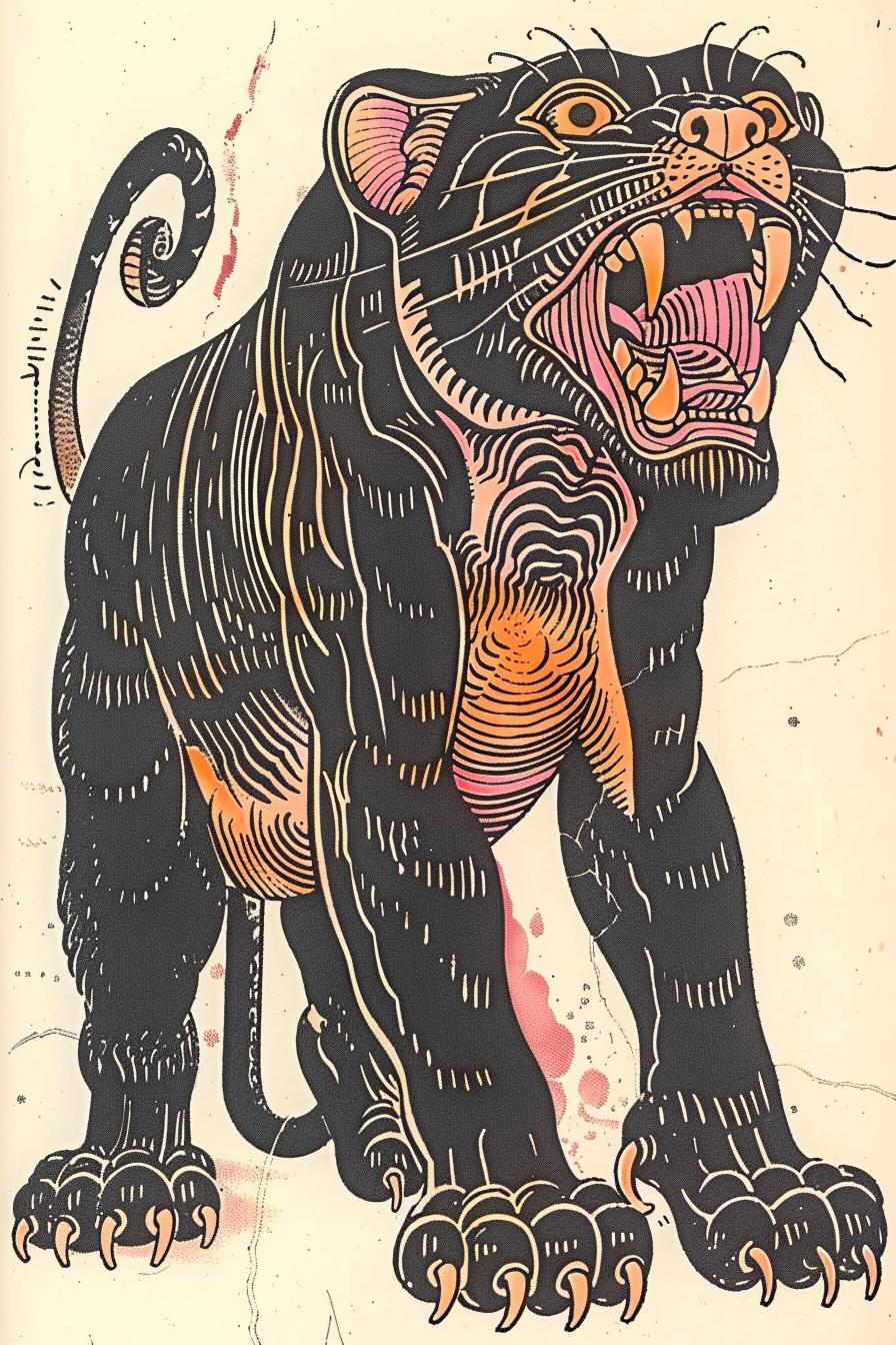 رسم توضيحي لمخلوق نمر أسطوري يزأر منتصبًا، من تصميم تود ماكفارلين، فن خيالي رقم 934397