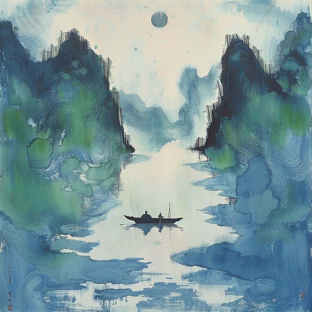 Chinese  Zen  ink  landscape  boats  minimalist  diffusion  grandeur  water  mountains 1032710