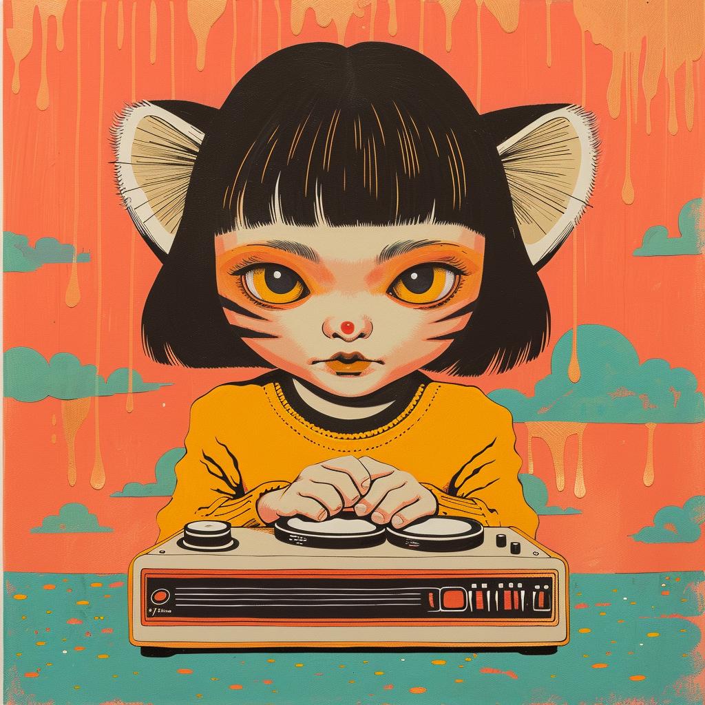 cat  turntable  headphones  playful  whimsical  illustration  colorful  animals  character  art 966244