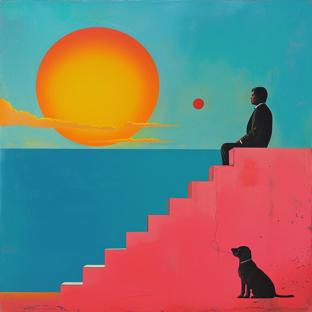 surreal  painting  man  steps  dog  sun  imaginative  warmth  artistic  whimsical 1017616