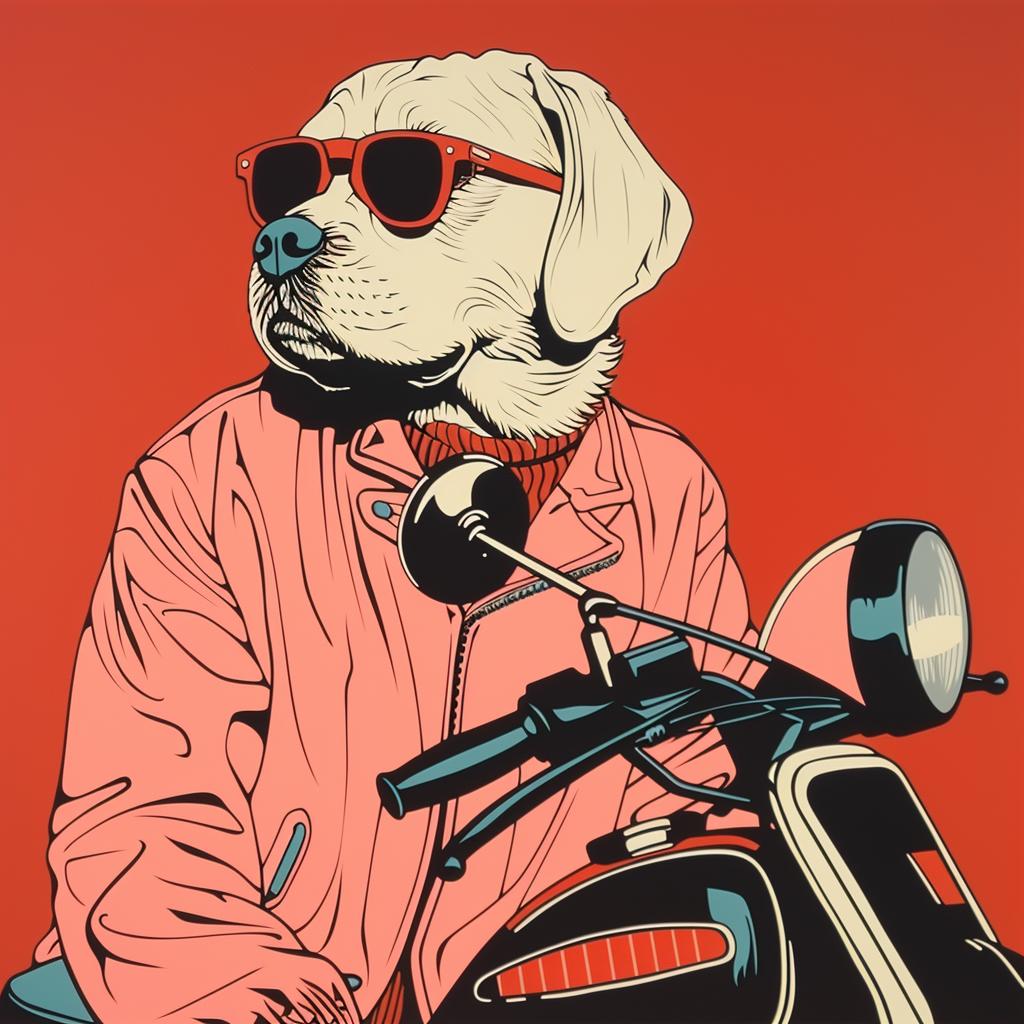 dog  scooter  jacket  motorcycle  surreal  art  Risograph  EdRuscha  volumetric  humorous 962877