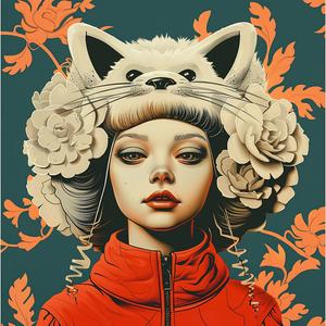 surreal  album  cover  woman  cat  flowers  Risograph  Symbolist  art  screenprinting 1074798