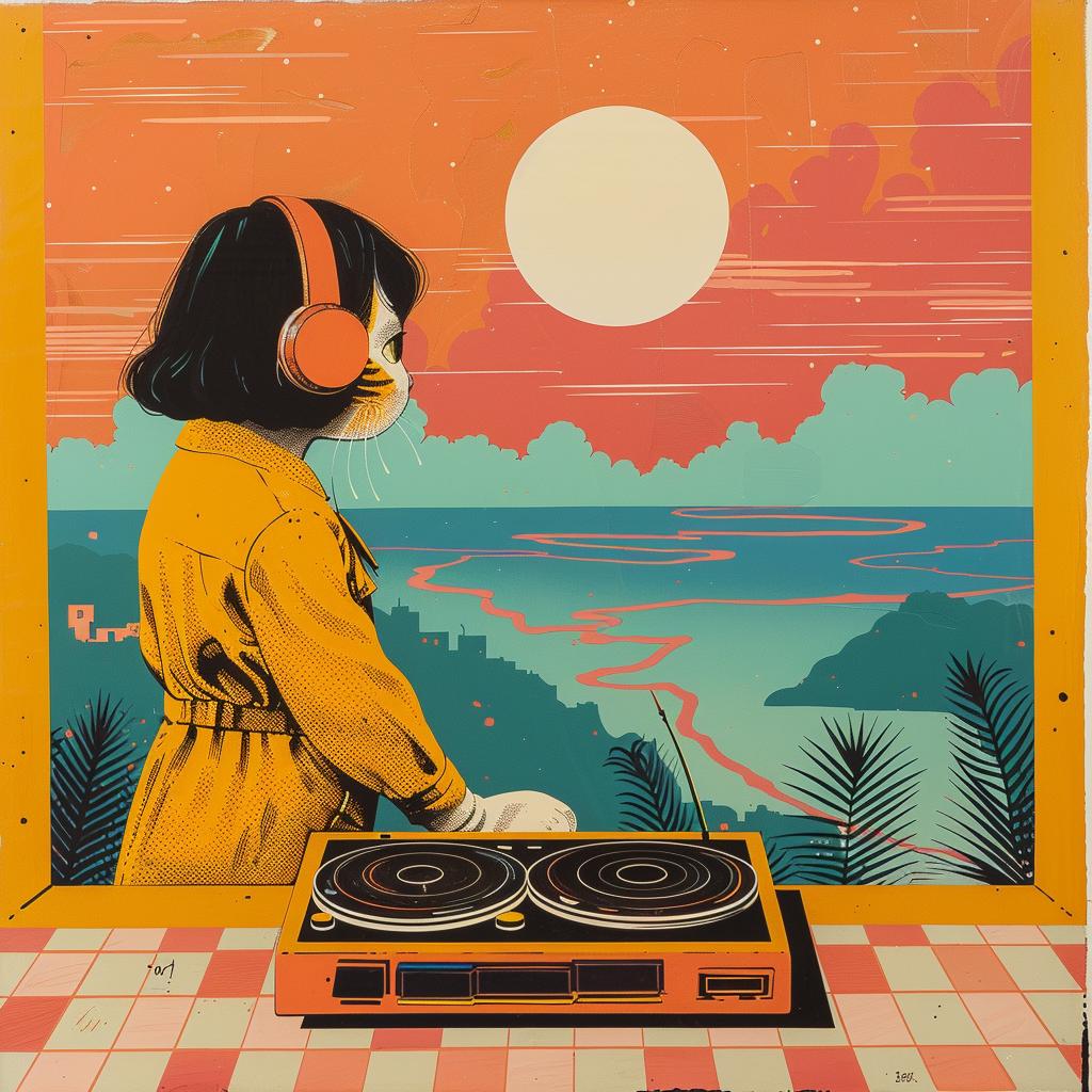 girl  headphones  turntable  sunset  painting  colorful  musical  whimsical  artistic  vibrant 966247