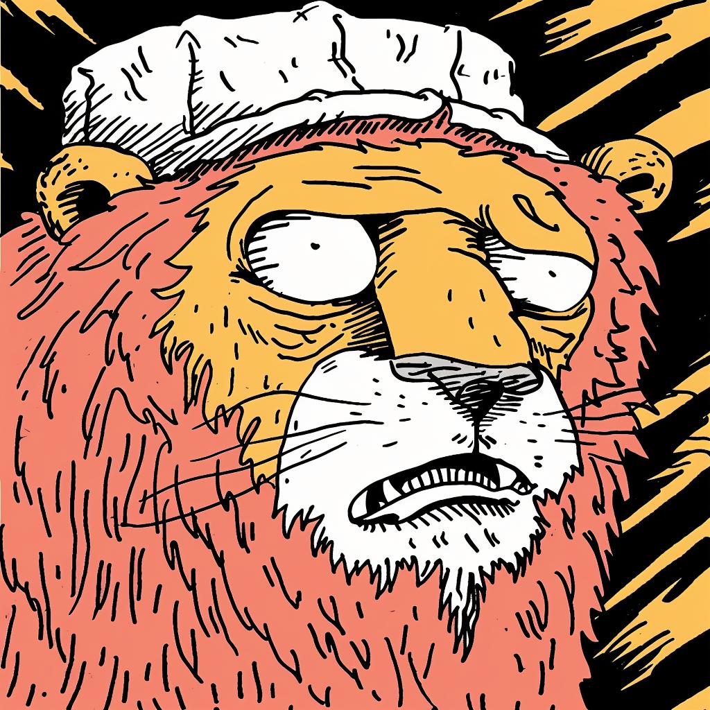 lion  bucket  cap  Kirby  1950s  vibrant  comic  portrait  illustration  cartoon 920307