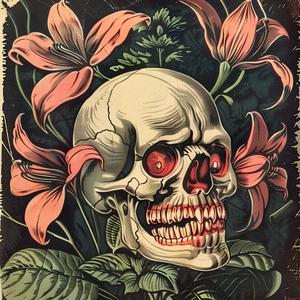 skull  flowers  black  background  chromolithography  dark  art  symbolic  vibrant  gothic 1040762