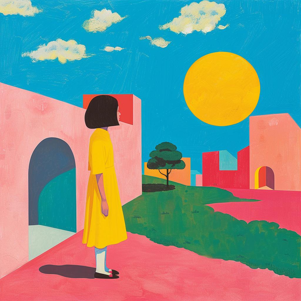 creative  surreal  album  cover  girl  yellow  dress  pink  building  painting 1019160