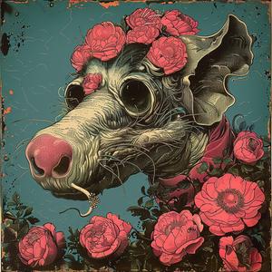 dog  flowers  chromolithography  painting  whimsical  colorful  art  animal  nature  headpiece 1051315