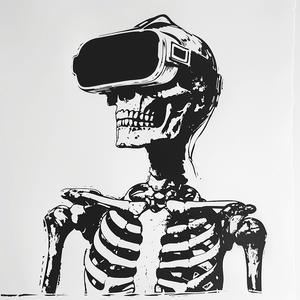 رسم توضيحي رقمي لشخصية هيكل عظمي أحادي الطباعة، سماعة رأس الواقع الافتراضي، باللونين الأبيض والأسود، رقم 1070788