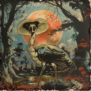 ostrich  hat  woods  chromolithography  colorful  nature  whimsy  playful  illustration  surreal 1052154