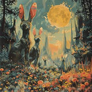rabbits  forest  moon  painting  nature  night  animals  chromolithography  whimsical  serene 1060104
