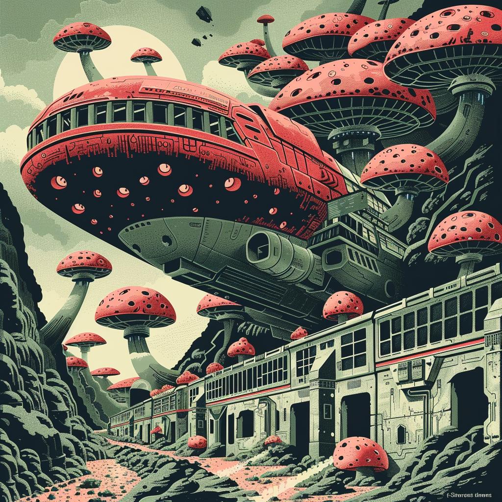 Mars  mushrooms  futuristic  spaceport  sci-fi  civilization  ship  cliff  colorful  art 946376