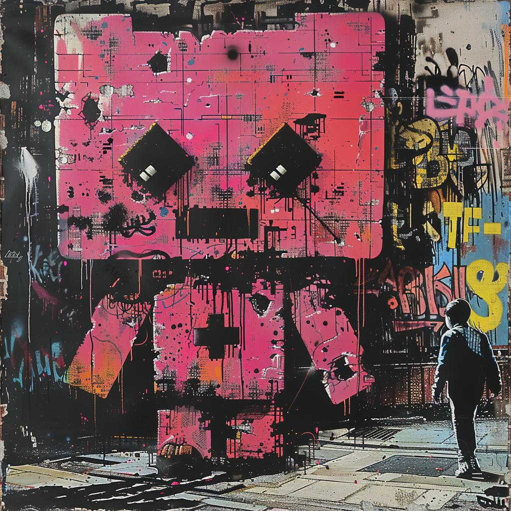 surreal  album  cover  hyper-realistic  screenprinting  graffiti  building  pink  robot  Invader 960322