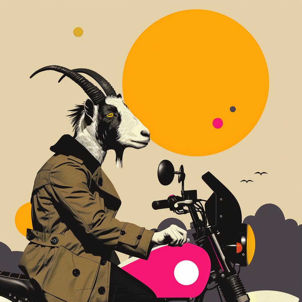 goat  motorcycle  sun  trenchcoat  adventure  whimsical  horns  illustration  playful  funny 1021445