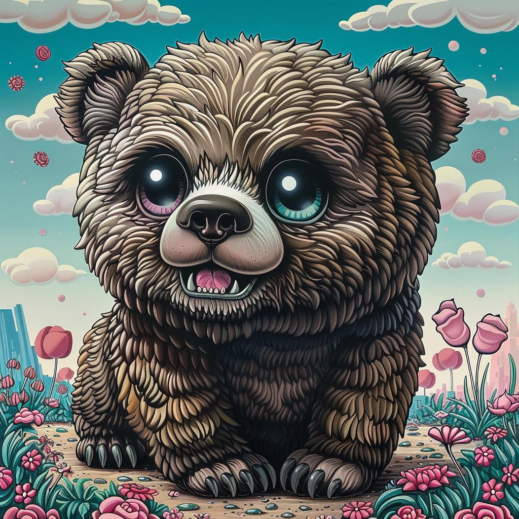 oversized  grizzly  bear  kawaii  white  background  painting  flower  field  adorable 1033249