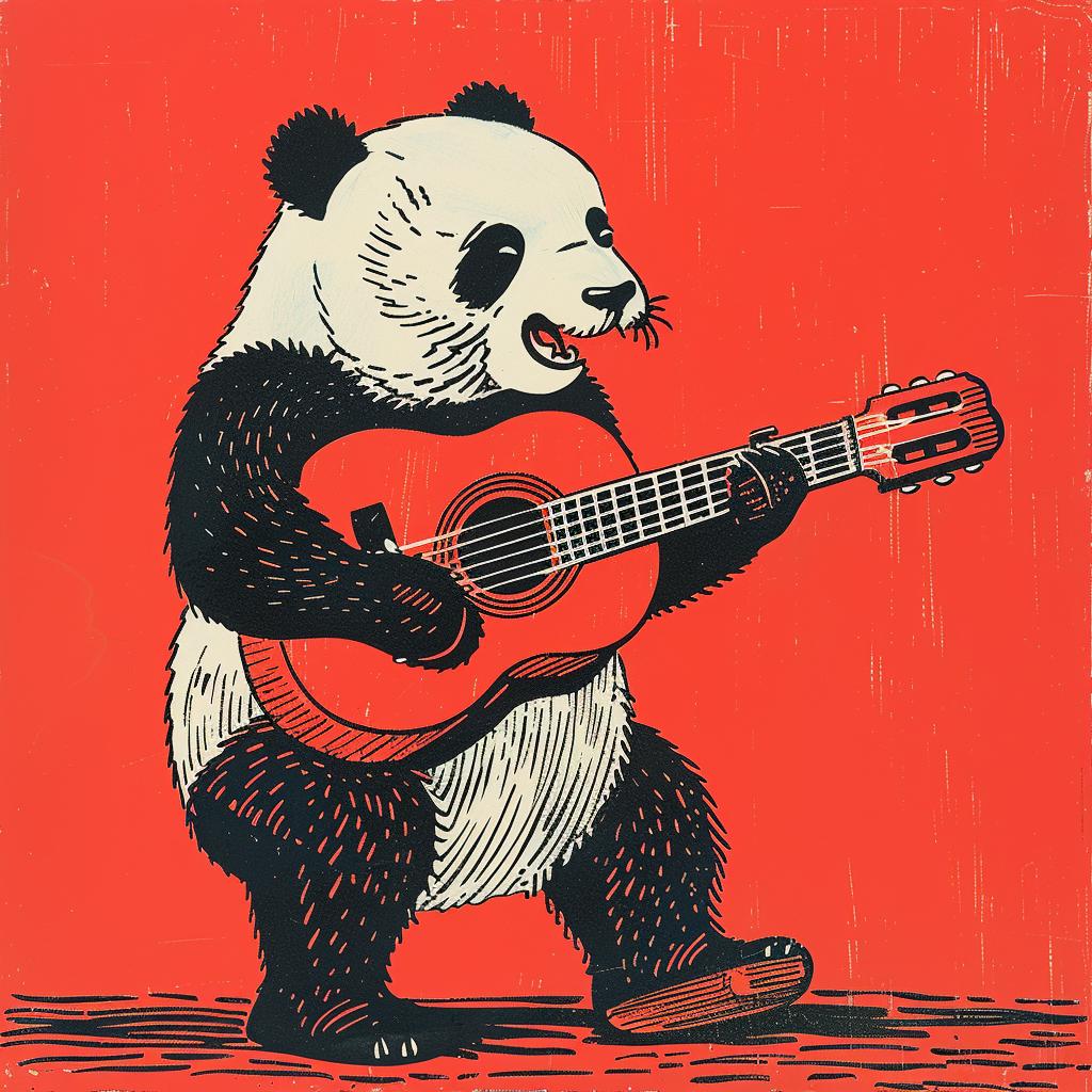 panda  guitar  acoustic  red  background  humor  character  playful  whimsical  illustration 922041