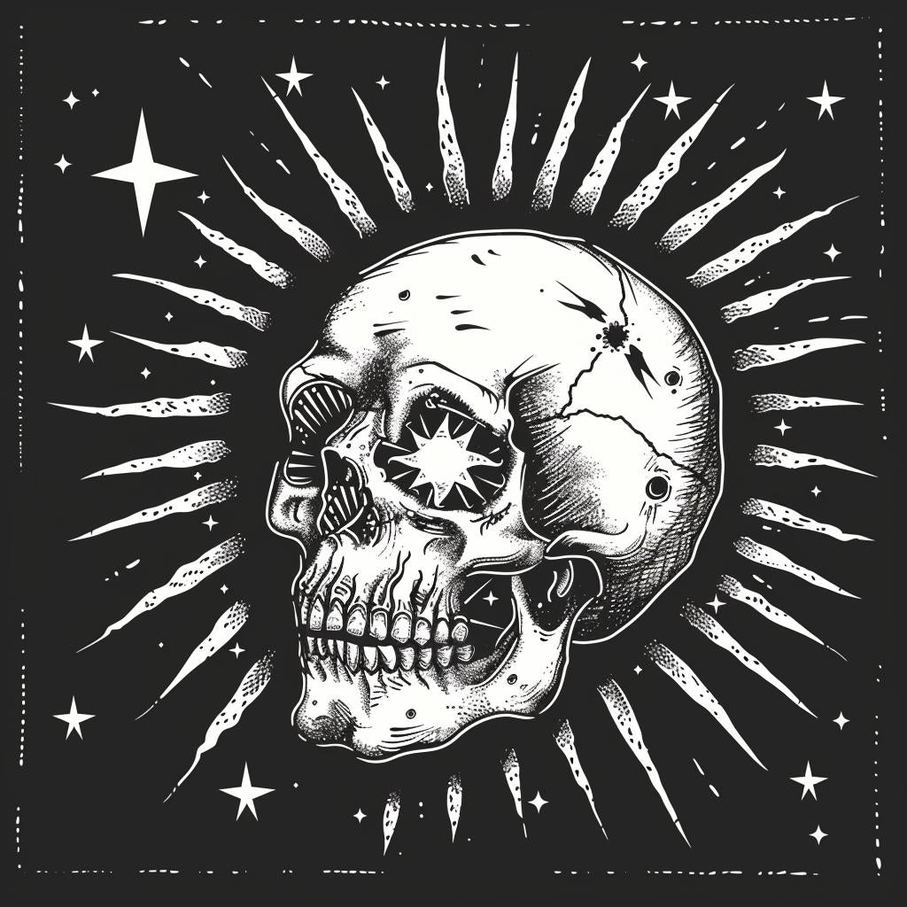 skull  sun  stars  celestial  boho  lino  vector  illustration  black  background 955079