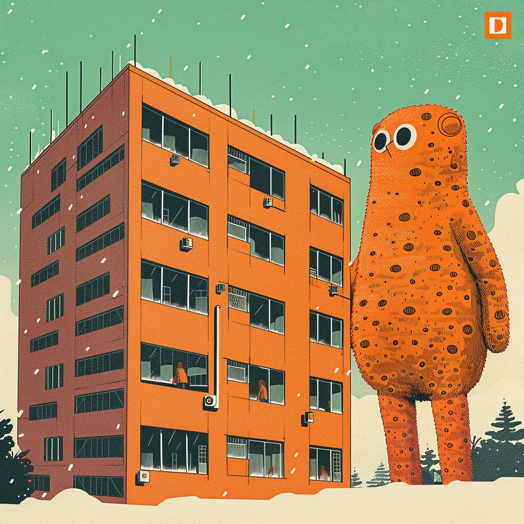dots  dashes  cartoon  monster  building  Mid-Century  orange  furry  intricate  colorful 964191