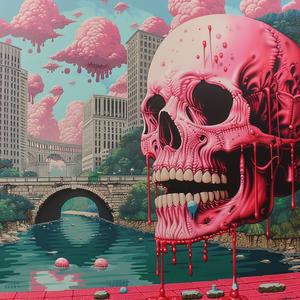 chromolithography  skull  pink  river  surreal  playful  dreamlike  expressive  vivid  fluid 1039807