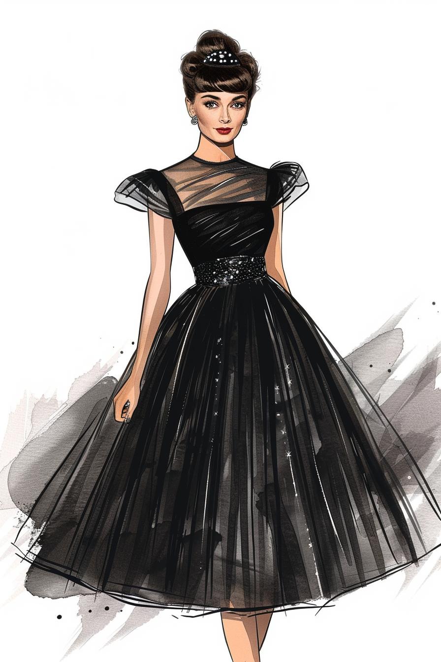 fashion  illustration  watercolor  1950s  elegant  dress  classic  female  stylish  sophisticated 953658