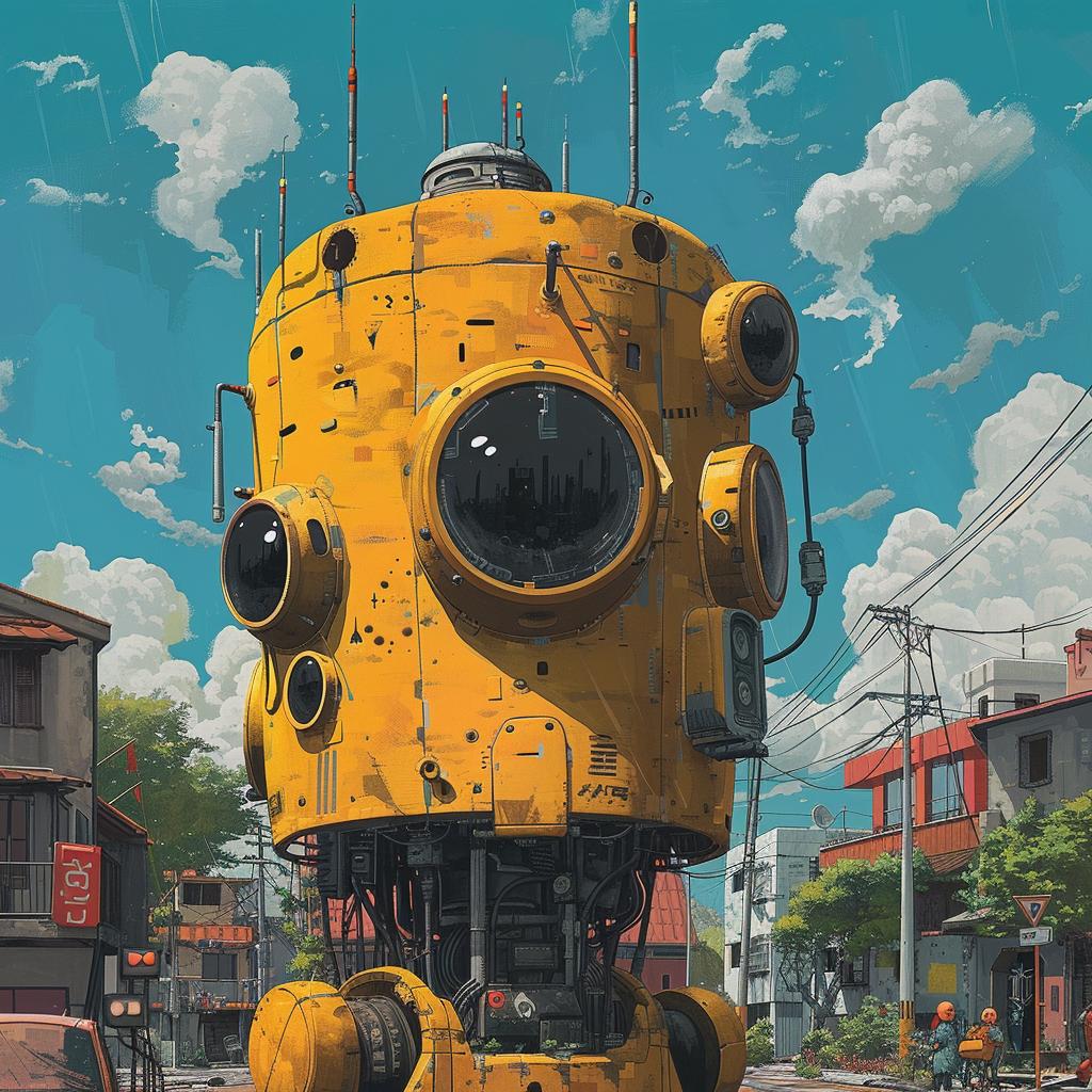 surreal  album  cover  hyper-realistic  screenprinting  yellow  robot  street  Simon  Stalenhag 960288