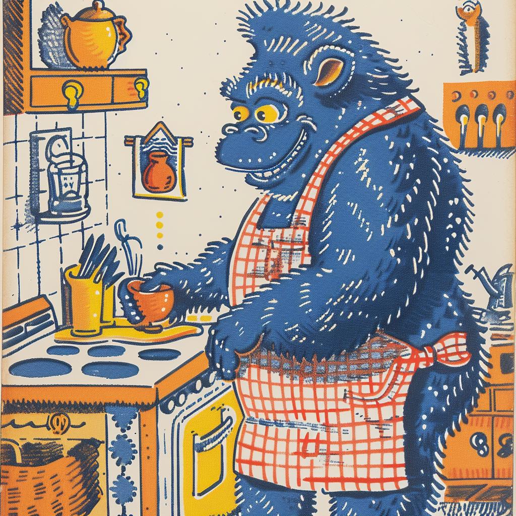 blue  monster  apron  cooking  cartoon  whimsical  humorous  colorful  fantasy  character 962698