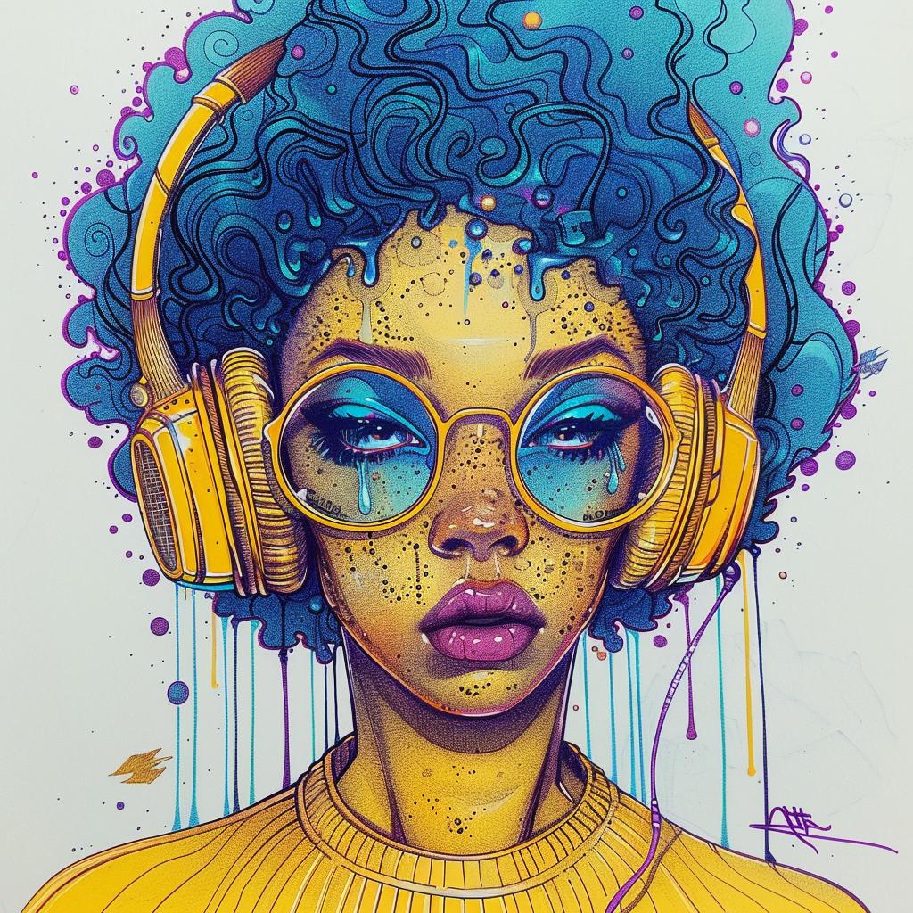 PopArt  DJ  headphones  afro  makeup  blue  TroyBrooks  white  drawing  style 939180