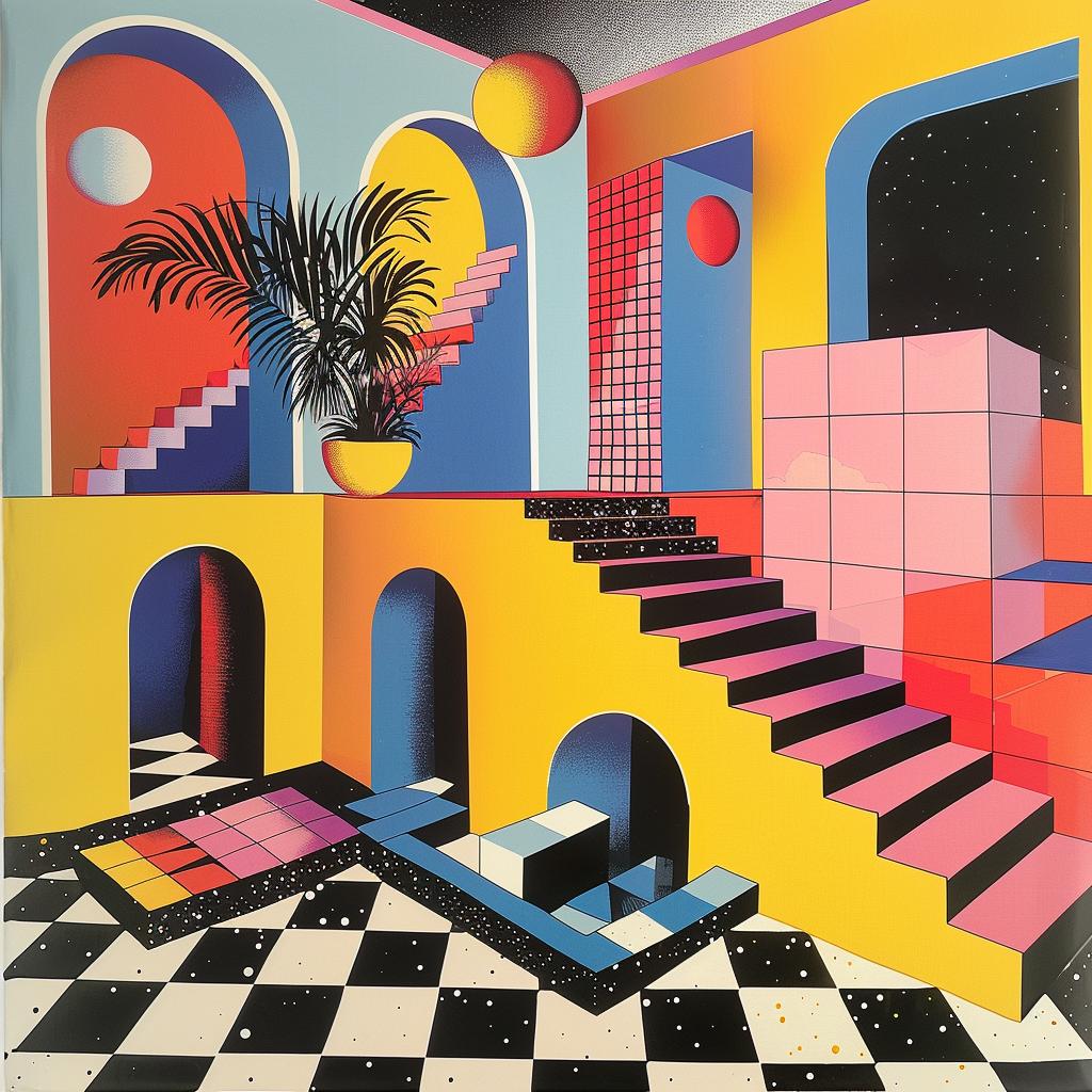 surreal  room  stairs  plant  colorful  hyper-realistic  screenprinting  Nathalie  Du  Pasquier 960461