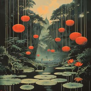 pond  lanterns  nature  charming  tranquil  colors  reflection  water  landscape  chromolithography 1040809