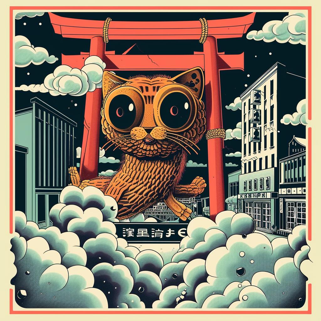 Japanese  flying  torii  cat  whimsical  art  colorful  stylized  surreal  fantasy 945790