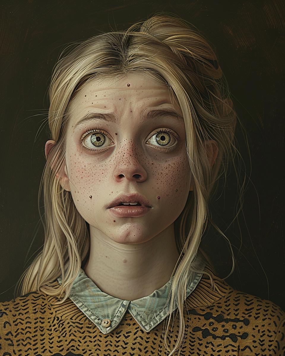 امرأة شقراء بأربع عيون حزينة ونمش صورة شخصية لوحة عاطفية 971062