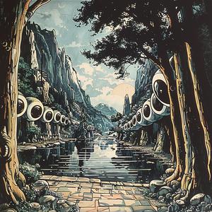 chromolithography  painting  road  trees  water  landscape  nature  art  scenic  view 1052993