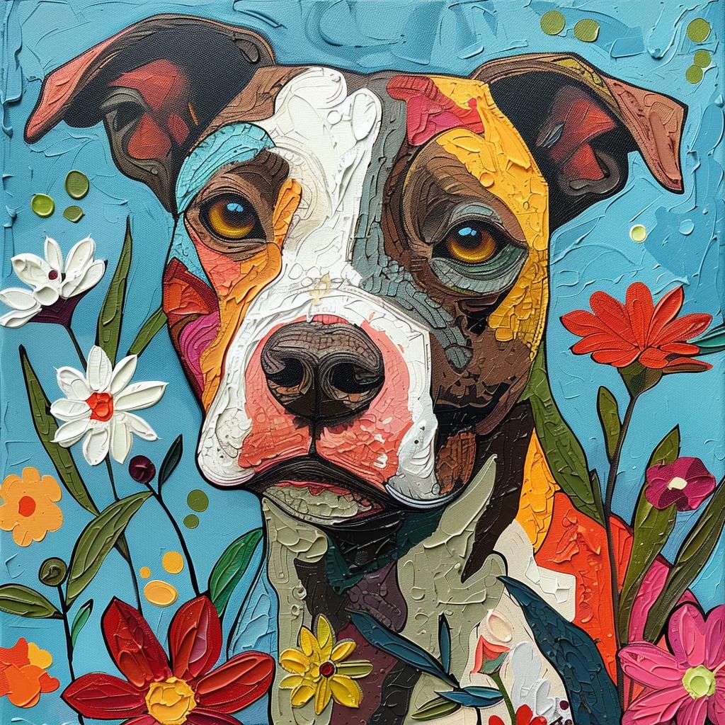pit  bull  painting  flowers  French  countryside  textured  whimsical  vibrant  colorful 938660