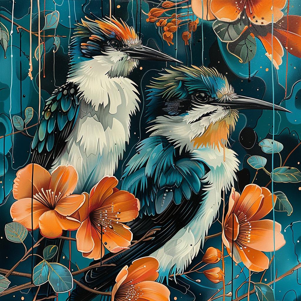 birds  branch  flowers  teal  orange  painting  nature  vibrant  floral  art 963633