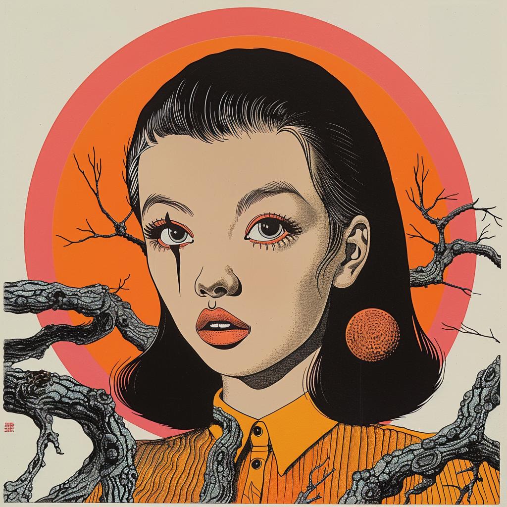 horror  novel  Japanese  minimalism  woman  red  nose  orange  hair  illustration 1020292