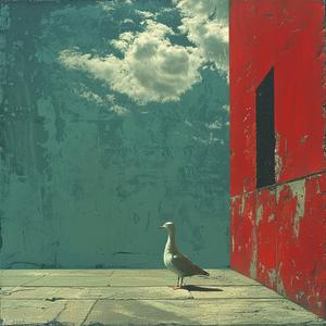 surreal  album  cover  Risograph  Symbolist  hyper-realistic  screenprinting  bird  red  building 1079392