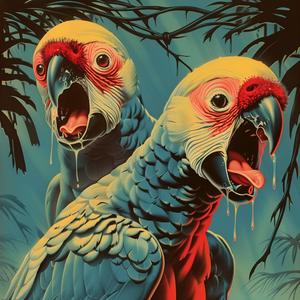 chromolithography  parrots  blue  background  colorful  illustration  nature  detailed  graphic  artwork 1048406