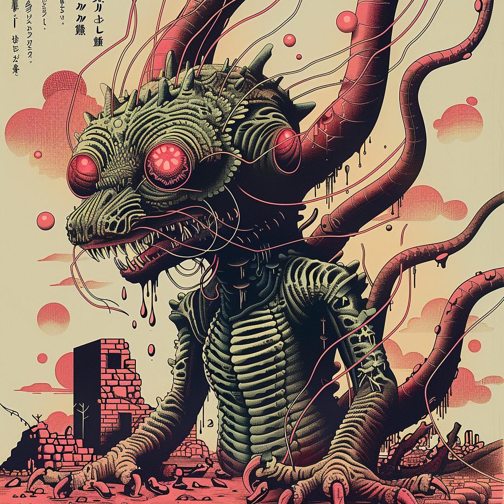 ملصق وحش عيون حمراء طباعة حجرية ملونة مخلوق رسومي فن ياباني صور 946255