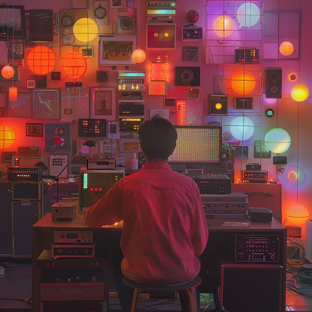 creative  surreal  album  cover  neon  lights  man  desk  colorful  wall 976488