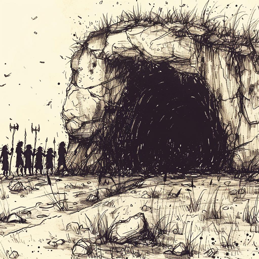 cave  silhouette  natives  pitchforks  entrance  dark  mysterious  illustration  gloom  spooky 953638
