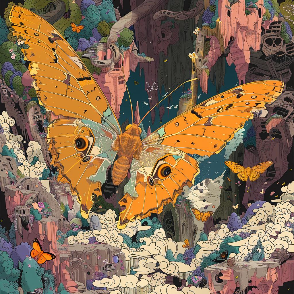 surreal  butterfly  sky  mountain  screenprinting  Toshio  Saeki  art  joyful  landscape 960952