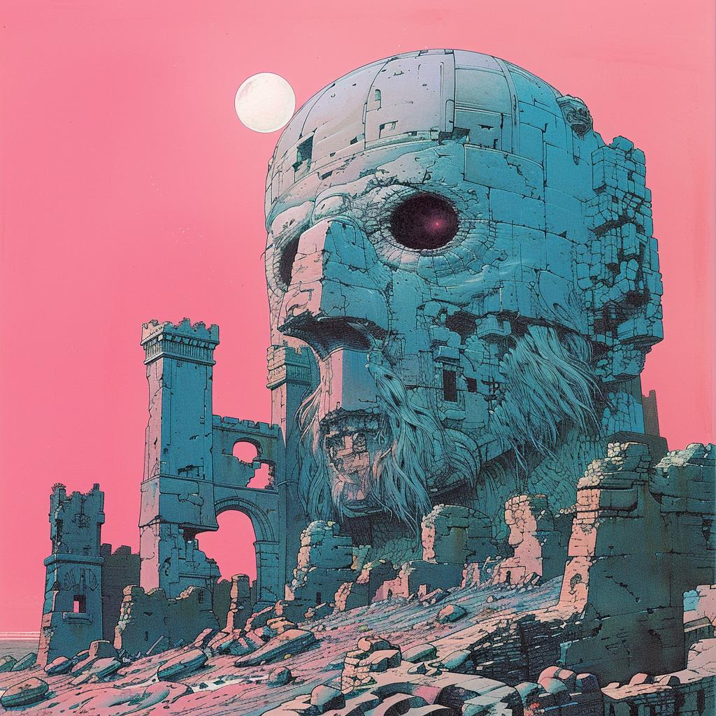 painting  temple  giant  warrior  castle  ruins  pink  sky  fantasy  moebius 1021237
